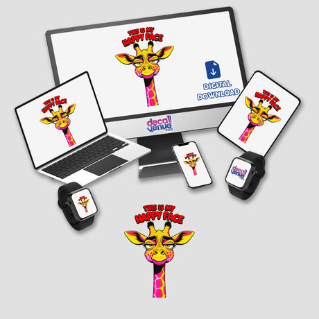 This Is My Happy Face Cute Grumpy Giraffe depicted on a computer monitor, laptop, and smartwatch, available as quirky stickers or digital artwork from Decal Venue.