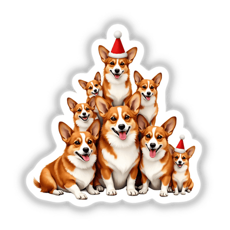 Corgi Christmas: A group of adorable corgis wearing Santa hats, some with tongues playfully out, ideal as unique stickers or digital artwork.