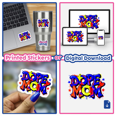 Collage featuring Dope Mom sticker or digital artwork on a laptop and close-up of vibrant designs, reflecting Decal Venue's unique vinyl sticker and digital art offerings.
