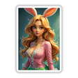 A Cute Easter Bunny Girl cartoon featuring a woman with long blonde hair and bunny ears, available as unique stickers or digital artwork from Decal Venue.