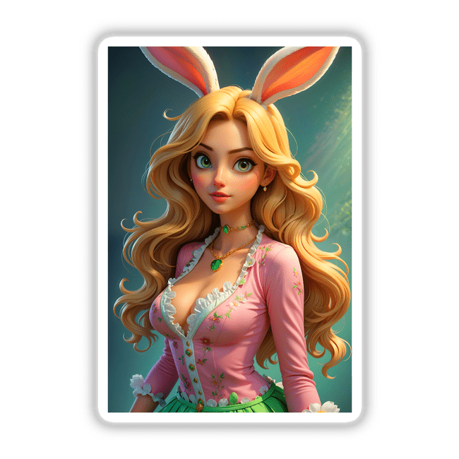 A Cute Easter Bunny Girl cartoon featuring a woman with long blonde hair and bunny ears, available as unique stickers or digital artwork from Decal Venue.