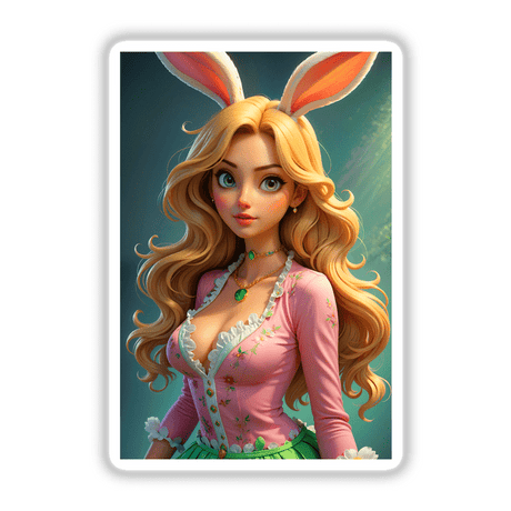 A Cute Easter Bunny Girl cartoon featuring a woman with long blonde hair and bunny ears, available as unique stickers or digital artwork from Decal Venue.