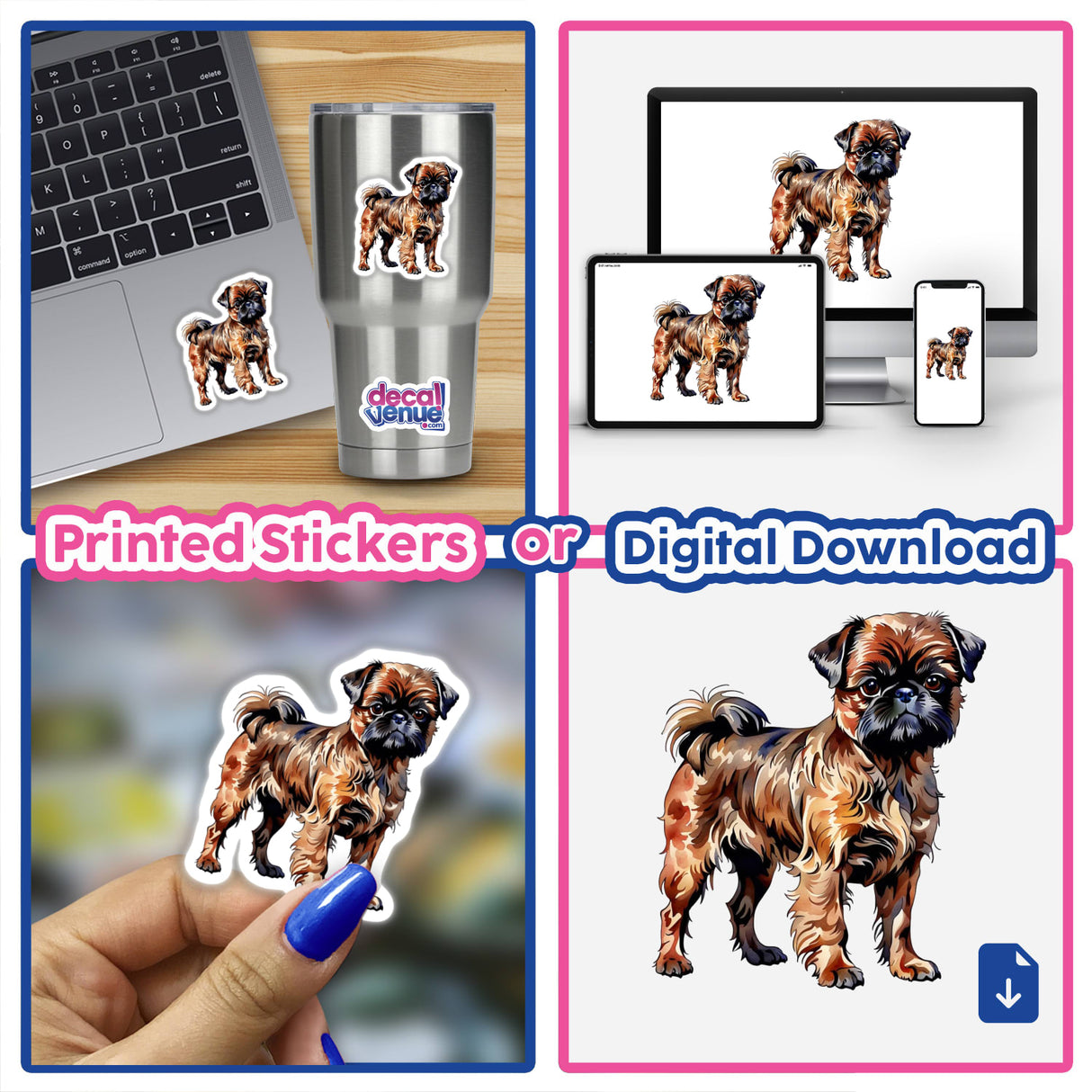 Brussels Griffon Dog Watercolor Clipart & Stickers – Commercial Rights featuring a collage of various dog sticker designs, including close-ups and a hand holding a dog sticker, ideal for unique digital art and decals.
