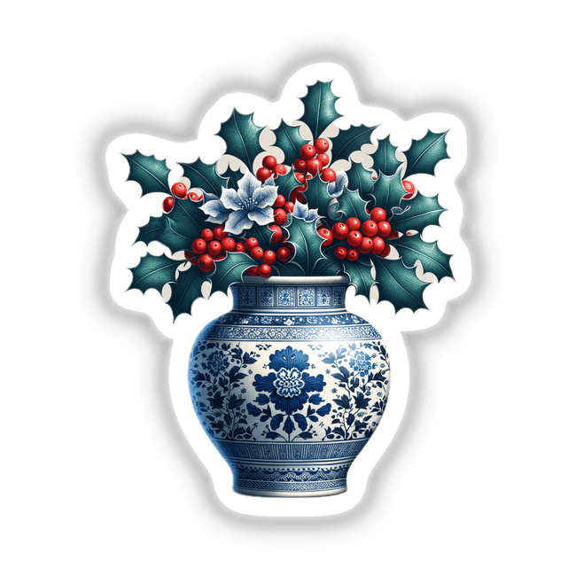 Chinoiserie Ginger Jar with Holly, featuring a blue and white vase adorned with red berries and leaves, available as unique stickers or digital artwork at Decal Venue.