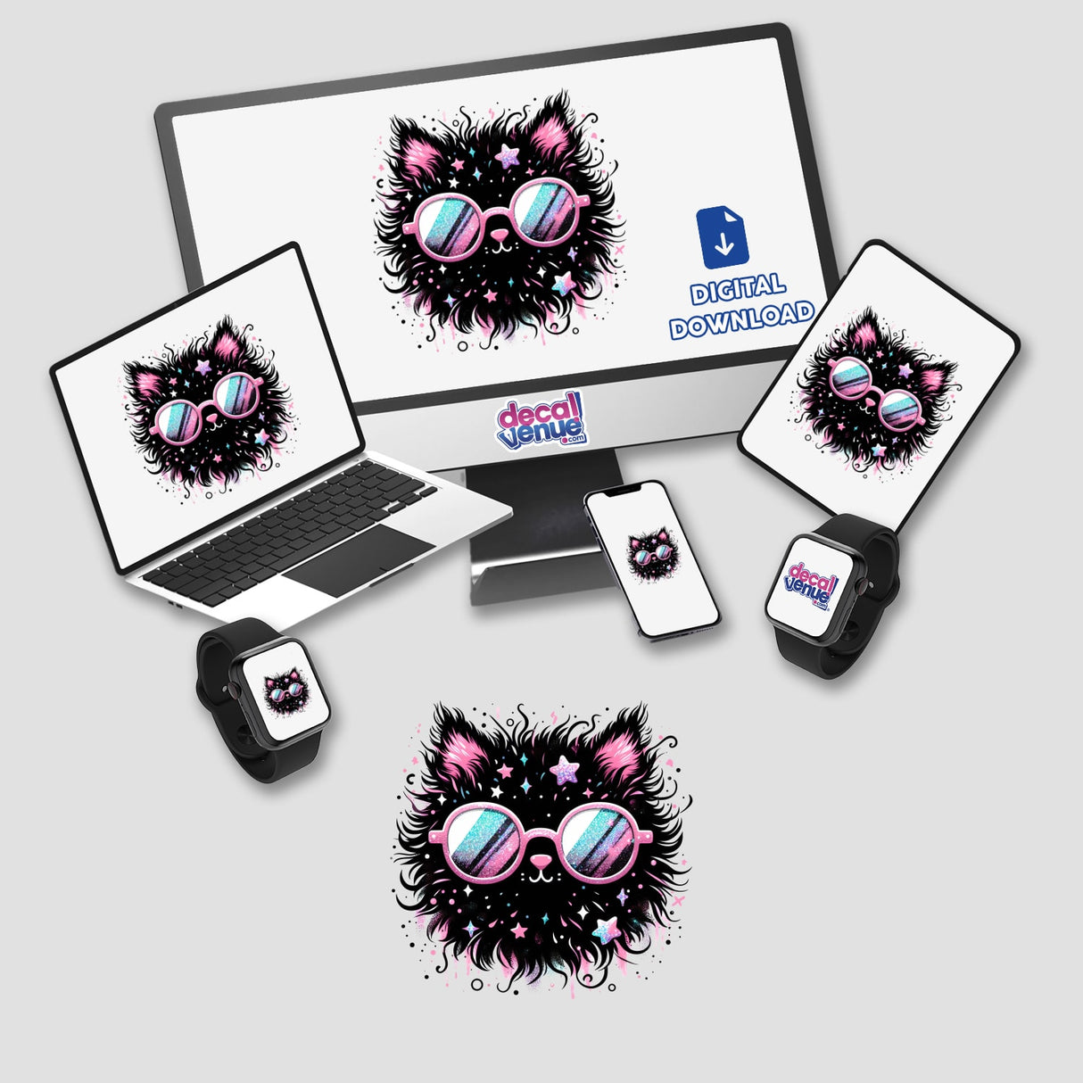 Whimsical fluffy black cat with vibrant sunglasses, digital artwork displayed on various electronic devices