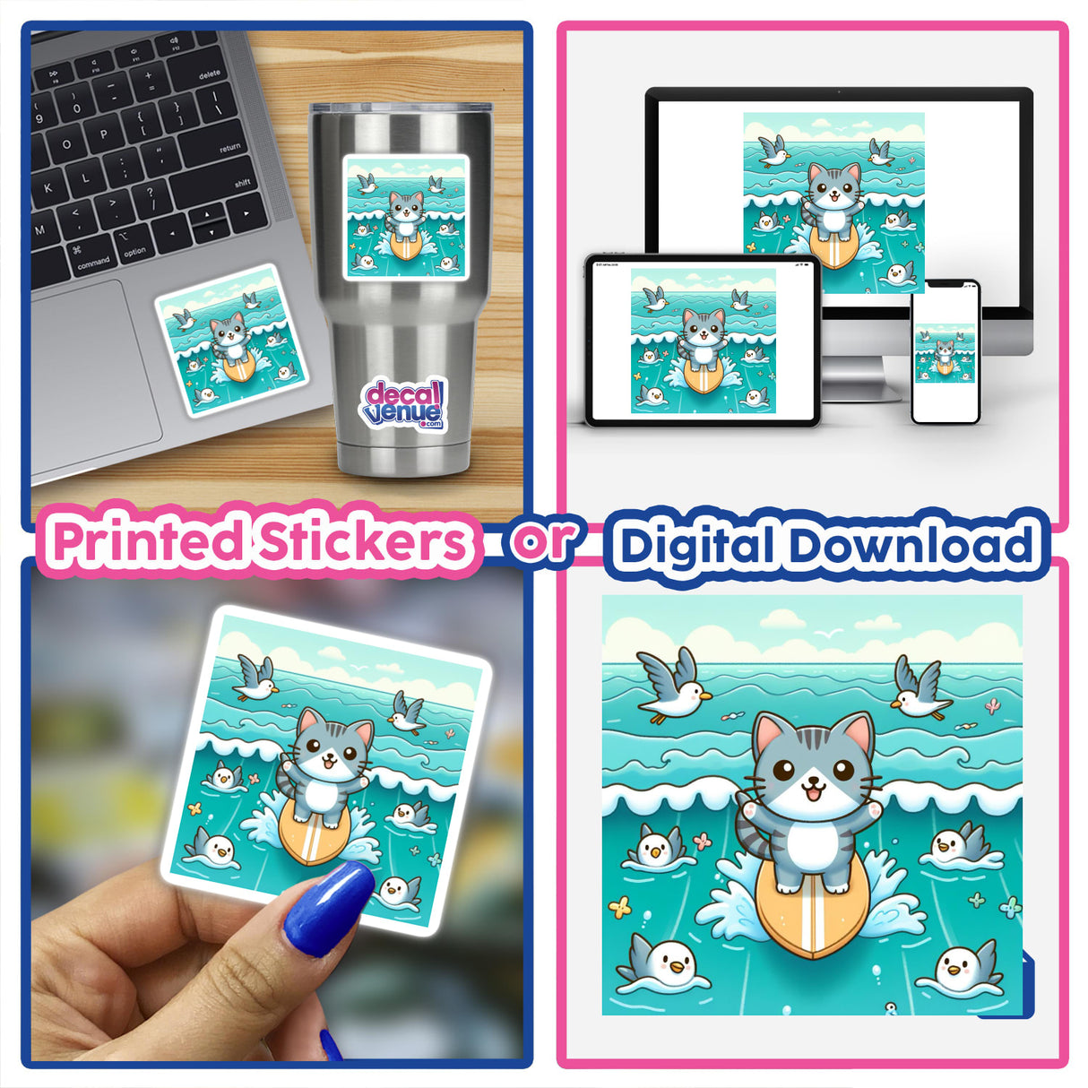 Playful surfing cat digital artwork and stickers. Images depict a cat riding a surfboard amid a wavy seascape filled with other swimming cats. The artwork is suitable for digital downloads, device wallpapers, printed stickers, and various home and office decor items.