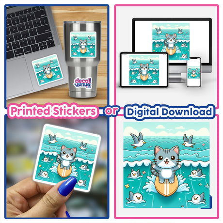 Playful surfing cat digital artwork and stickers. Images depict a cat riding a surfboard amid a wavy seascape filled with other swimming cats. The artwork is suitable for digital downloads, device wallpapers, printed stickers, and various home and office decor items.