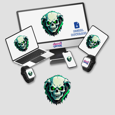 A Hybrid Human Dog Skull displayed on a computer monitor and laptop screen, featured as stickers or digital artwork.