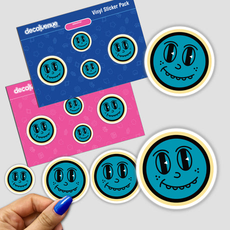 Smiley Nerd Face stickers featuring a blue cartoon face with black eyes and a yellow border, available as physical stickers or digital artwork, embody the unique style of Decal Venue.