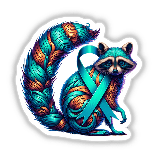 Illustration of a raccoon with a teal ribbon, representing Raccoon Teal Ribbon Ovarian Cancer Awareness, available as stickers or digital artwork.