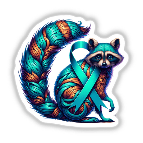 Illustration of a raccoon with a teal ribbon, representing Raccoon Teal Ribbon Ovarian Cancer Awareness, available as stickers or digital artwork.