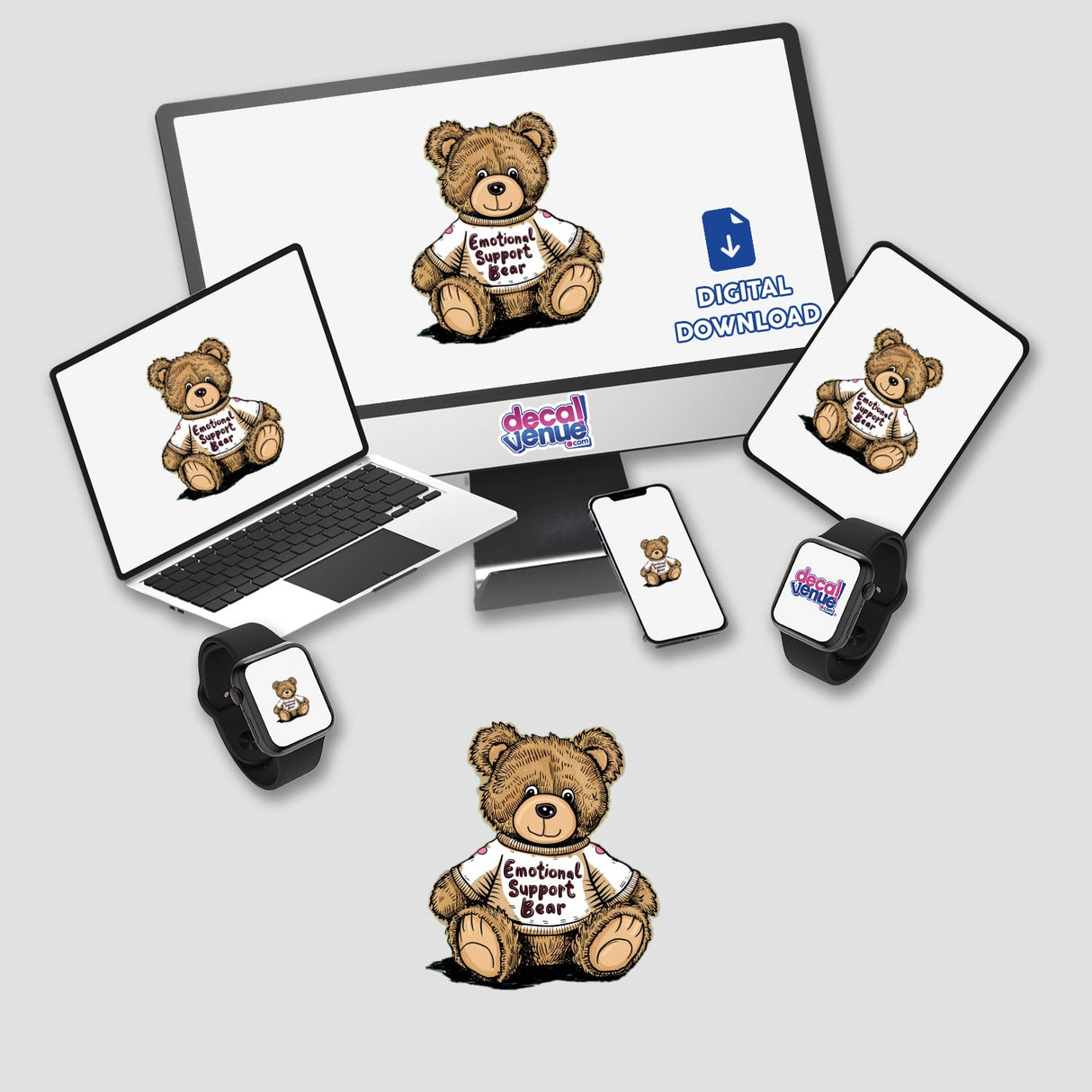 Plush teddy bear with "Emotional Support Bear" text, displayed across various digital devices against a white background with the Decal Venue logo.