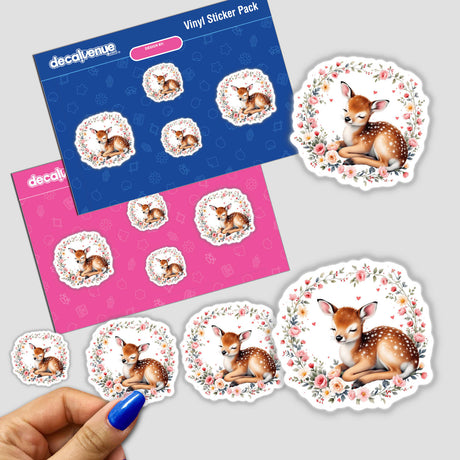 Sleeping Deer with Heart Wreath sticker, featuring a serene baby deer nestled among flowers and hearts, perfect for adding whimsy and tranquility to belongings or digital spaces.
