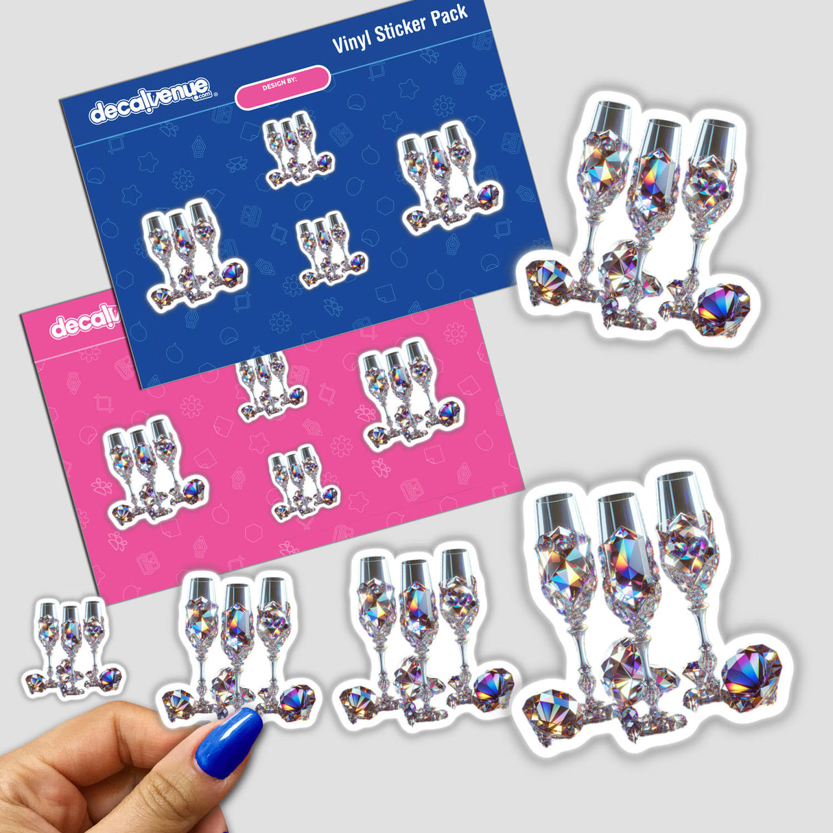 Gemstone Champagne Glasses sticker featuring illustrated wine glasses adorned with gem-like features, available as stickers or digital artwork, aligning with Decal Venue's unique style.