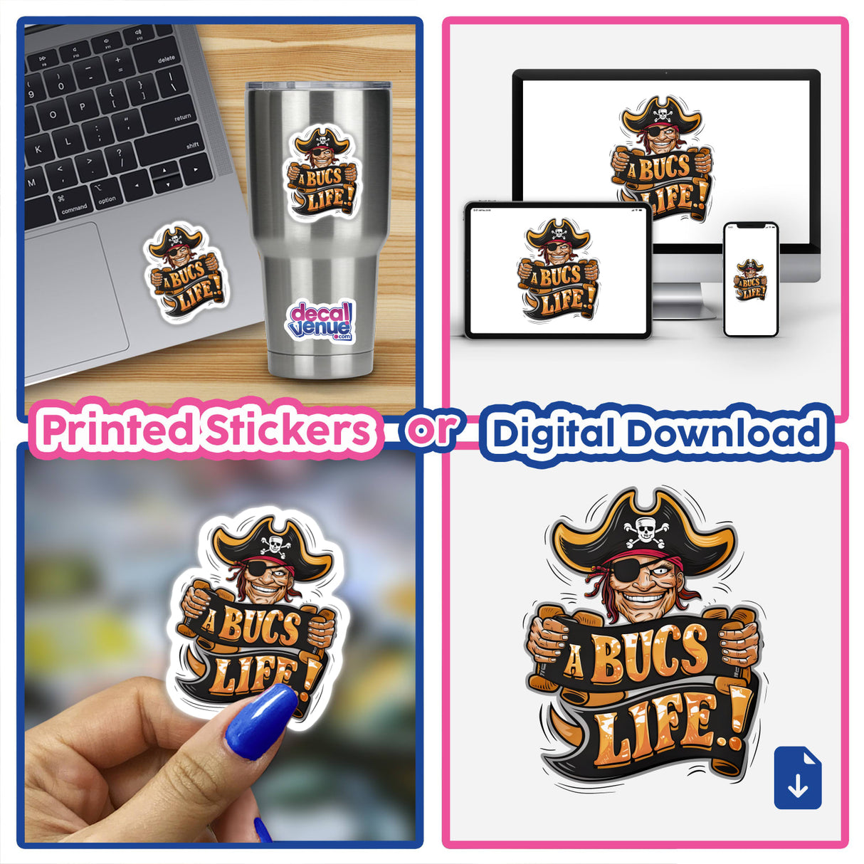 A Bucs Life Pirate - Vibrant digital artwork featuring a pirate-themed graphic with the text "A Bucs Life" across various digital and physical product mockups.