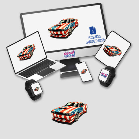 A Cool American Flag Muscle Car design displayed on a computer monitor and laptop, available as stickers or digital artwork from Decal Venue, showcasing unique vinyl sticker artistry.