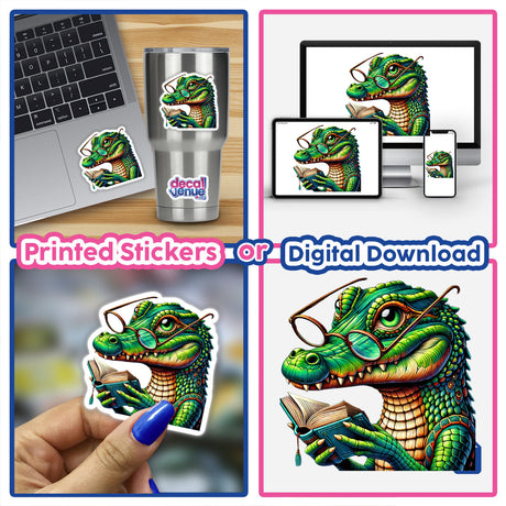 Crocodile With Reading Glasses Open Book sticker, showcasing a cartoon crocodile in glasses engrossed in a book. Available as vinyl stickers or digital artwork from Decal Venue.
