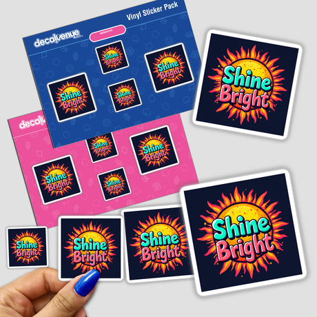 Shine Bright Optimistic Quote Art sticker featuring a sun graphic and motivational text, ideal for personalizing spaces. Available as both physical stickers and digital artwork from Decal Venue.