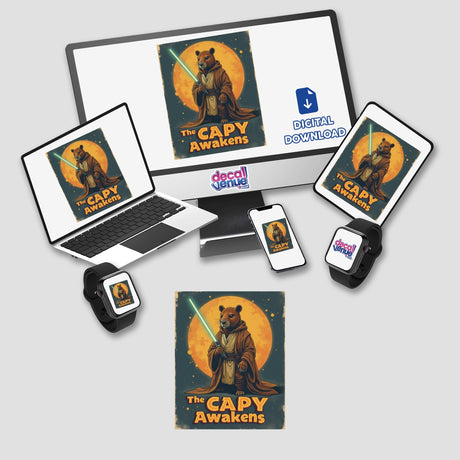 The Capy Awakens Sticker or Clipart with Commercial Rights features a cartoon capybara wielding a light saber, displayed on a computer monitor, reflecting Decal Venue's unique vinyl sticker and digital art offerings.