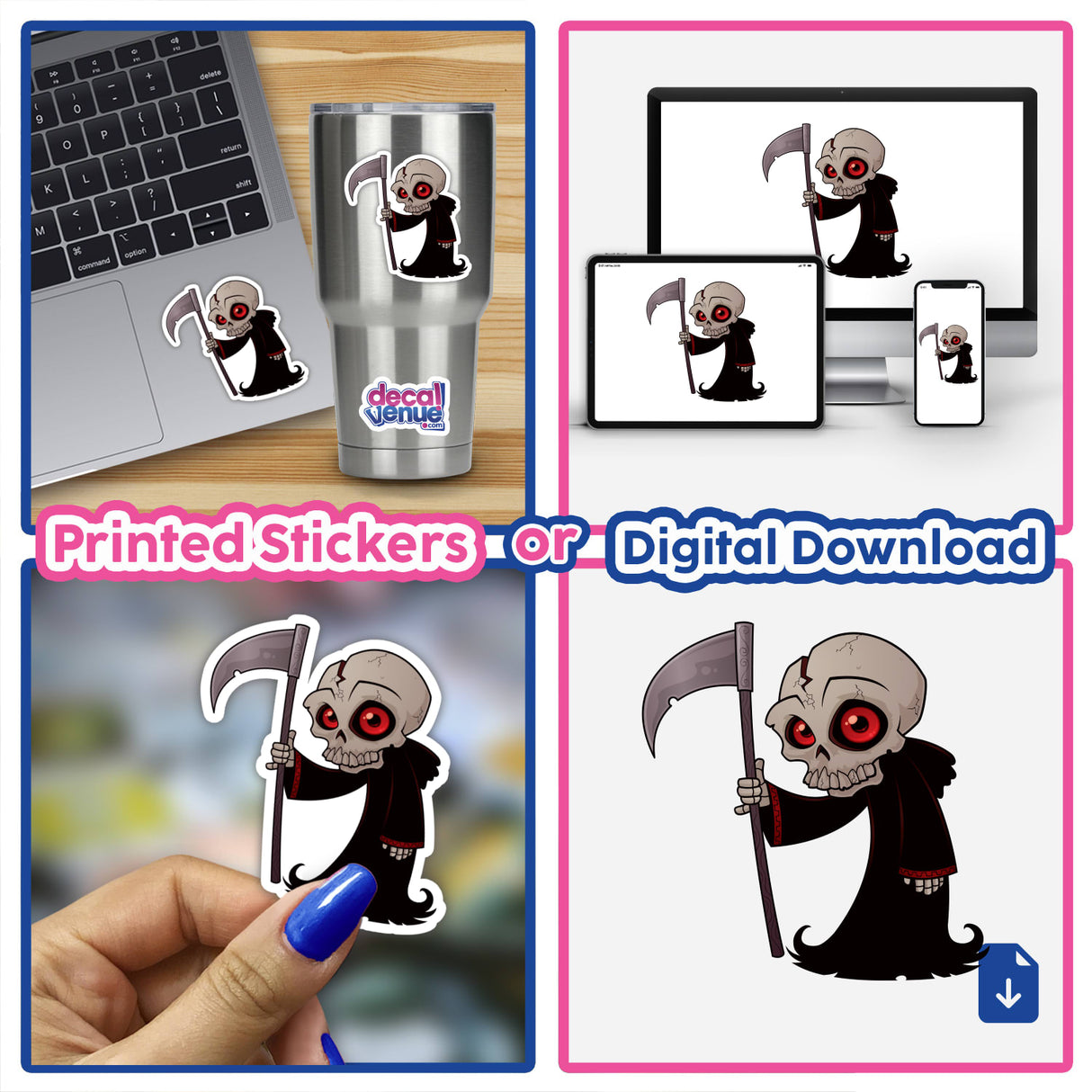Little Grim Reaper sticker depicts a cartoon skeleton holding a scythe, showcasing Decal Venue's unique digital art style. Perfect for decorating laptops, cups, and more.