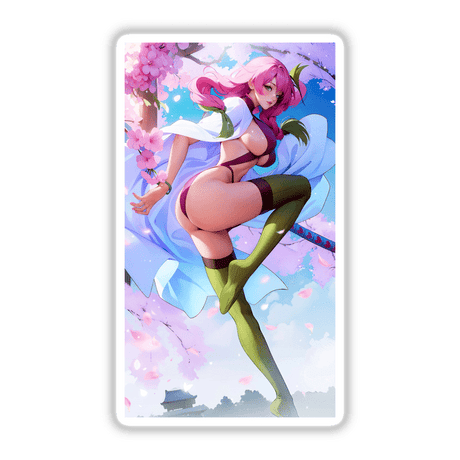 FiestyGirl Ninja: Cartoon of a woman with pink hair and green stockings, available as stickers or digital artwork.