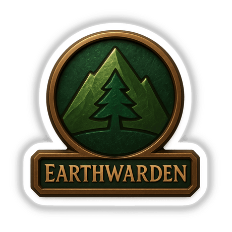 Earthwarden – RPG-Style Skill Badge features a nature-inspired crest, available as stickers or digital artwork, embodying the unique style of Decal Venue's vinyl and digital product range.