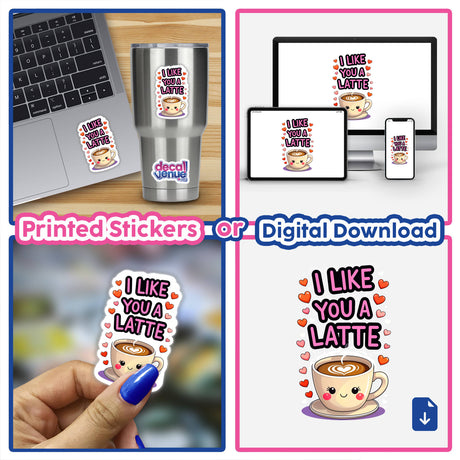 Collage featuring a laptop with an I Like You A Latte sticker and a cartoon coffee cup with heart-shaped foam, highlighting the humorous love quote available as stickers or digital artwork.