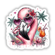 Vibrant digital artwork featuring a sassy flamingo wearing heart-shaped sunglasses and surrounded by tropical plants, cocktail, and floral elements.
