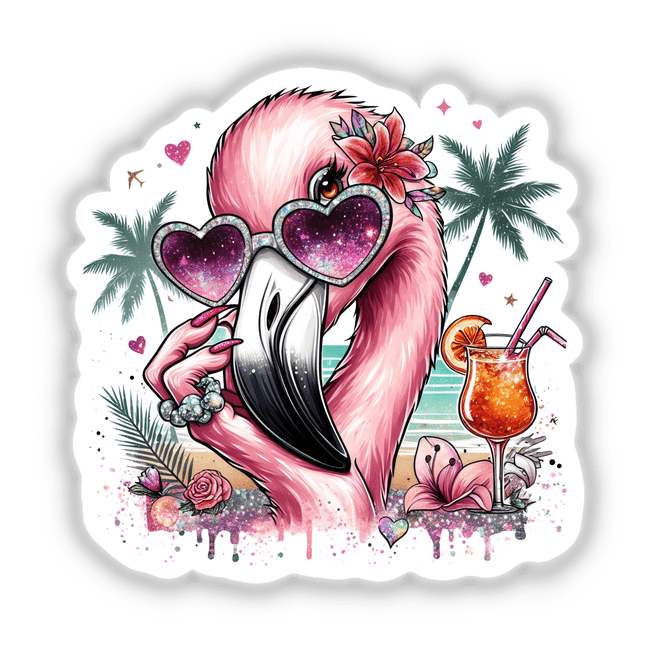 Vibrant digital artwork featuring a sassy flamingo wearing heart-shaped sunglasses and surrounded by tropical plants, cocktail, and floral elements.