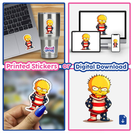 A collage featuring A Funny Guy With An American Flag Outfit cartoon character, available as stickers or digital artwork, showcasing various vibrant poses and expressions.