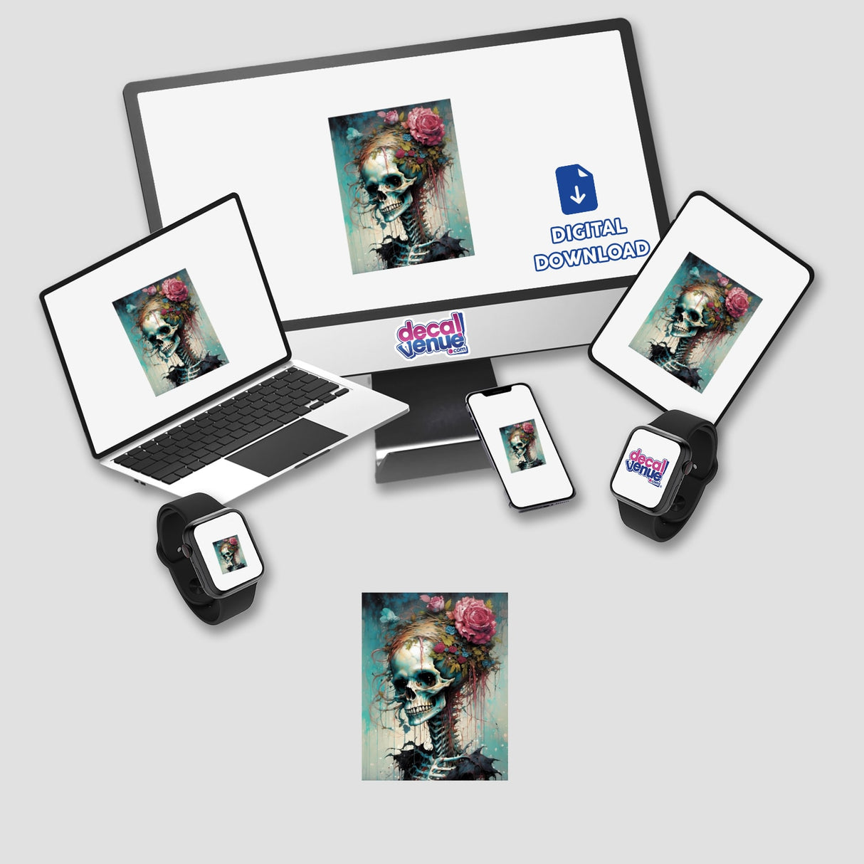 Beautiful Bones digital artwork featuring a skull adorned with flowers, displayed on multiple devices including a laptop, monitor, tablet, and phone. Available as stickers or digital downloads.