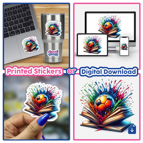 Soccer Ball Bursting from an Open Book with Colorful Splashes; vibrant artwork capturing creativity and athleticism, available as stickers or digital art. Perfect for soccer enthusiasts and art lovers.
