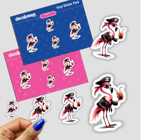 Pirate Flamingo Bird w/ Drink sticker pack featuring cartoon flamingos in playful poses, including one wearing a pirate hat and sunglasses, perfect for adding fun flair to any surface.