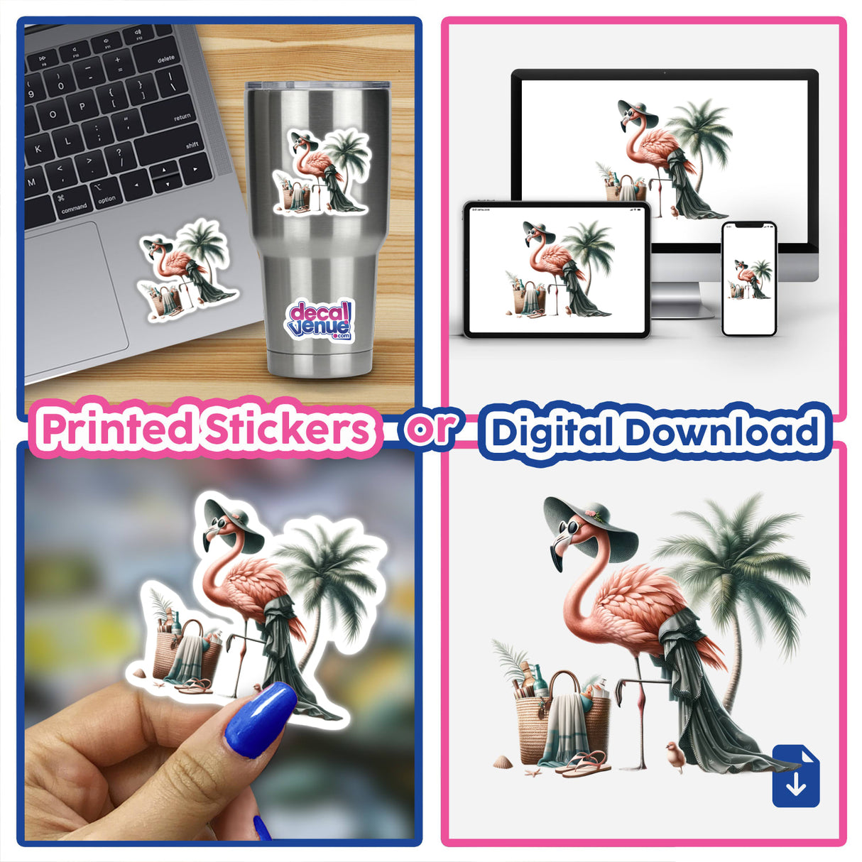 Collage featuring Flamingo Beach Fashionista stickers: a flamingo in a hat and dress, close-ups of laptop stickers, and a finger applying a sticker.