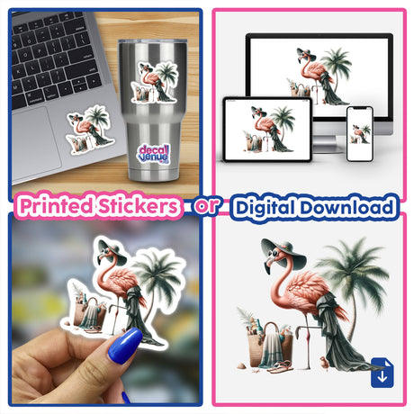 Collage featuring Flamingo Beach Fashionista stickers: a flamingo in a hat and dress, close-ups of laptop stickers, and a finger applying a sticker.