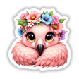 Charming Flamingo with a Flower Crown, a whimsical cartoon bird with floral adornments, available as stickers or digital art, perfectly embodies Decal Venue's unique vinyl and digital artistry.