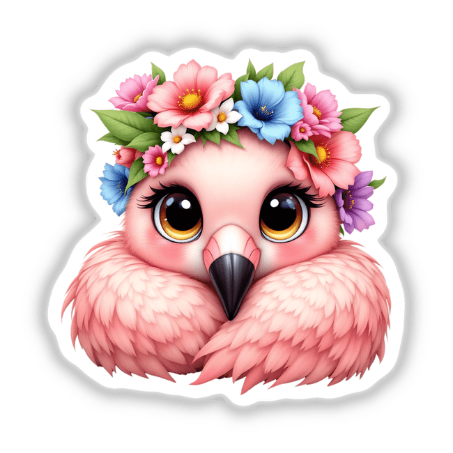 Charming Flamingo with a Flower Crown, a whimsical cartoon bird with floral adornments, available as stickers or digital art, perfectly embodies Decal Venue's unique vinyl and digital artistry.