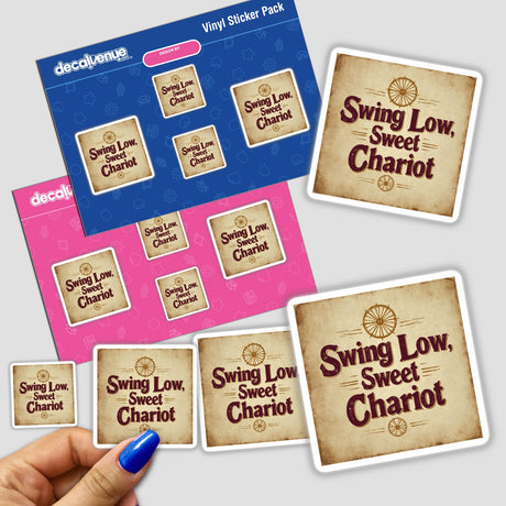 Hand holding Swing Low, Sweet Chariot typography design sticker or clipart, available with commercial rights. Part of Decal Venue's unique sticker and digital art collection.