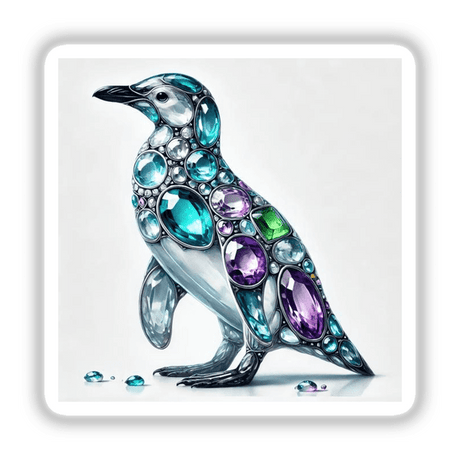 Drawing of a penguin adorned with gems, titled Penguin Jewels and Gemstones, available as stickers or digital artwork from Decal Venue.