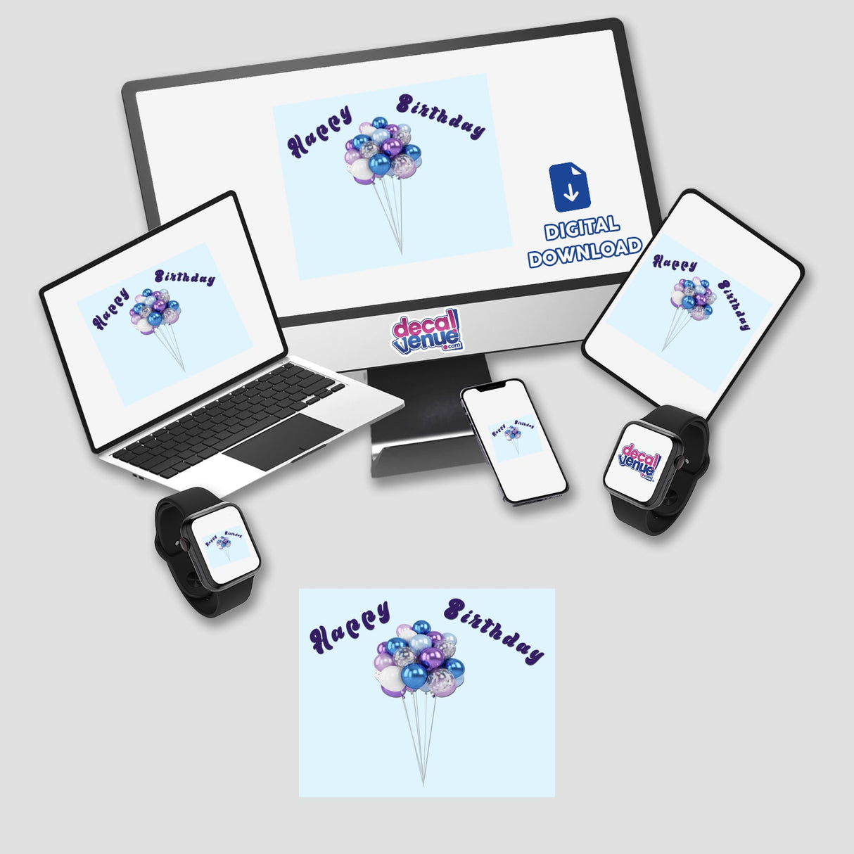 Colorful birthday balloons with white strings on a blue background, displayed on various digital devices and products, including laptops, smartphones, and smartwatches.