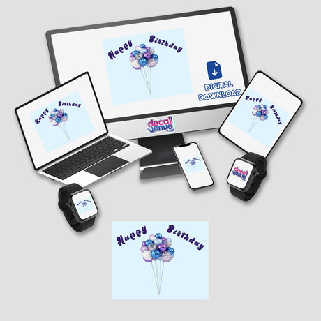 Colorful birthday balloons with white strings on a blue background, displayed on various digital devices and products, including laptops, smartphones, and smartwatches.