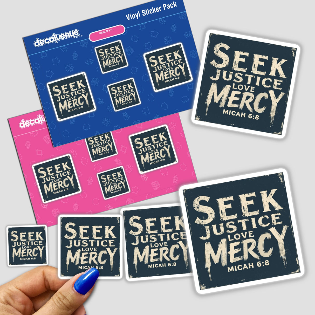 Hand holding a Seek Justice, Love Mercy - Micah 6:8 sticker pack, featuring intricate designs, available as stickers or digital artwork with commercial rights.