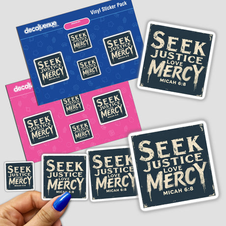 Hand holding a Seek Justice, Love Mercy - Micah 6:8 sticker pack, featuring intricate designs, available as stickers or digital artwork with commercial rights.