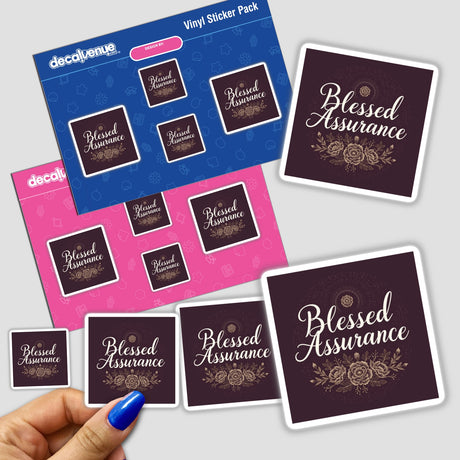 Hand holding a Blessed Assurance Hymn Typography Design Sticker pack, showcasing intricate lettering associated with Decal Venue's unique stickers and digital art collection.