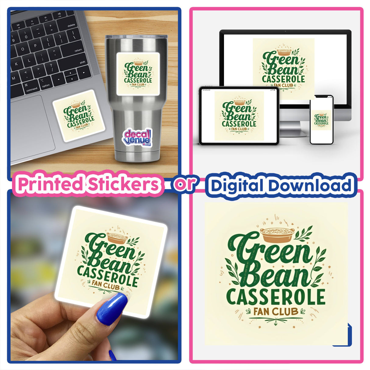 Green Bean Casserole Fan Club Thanksgiving Sticker on a laptop, highlighting its playful design, available as digital artwork or sticker with commercial rights.