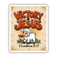 Victory in Jesus Lamb Christian Sticker features a cartoon lamb holding a flag, symbolizing Resurrection Sunday with 1 Corinthians 15:57, available as stickers or digital artwork for commercial use.