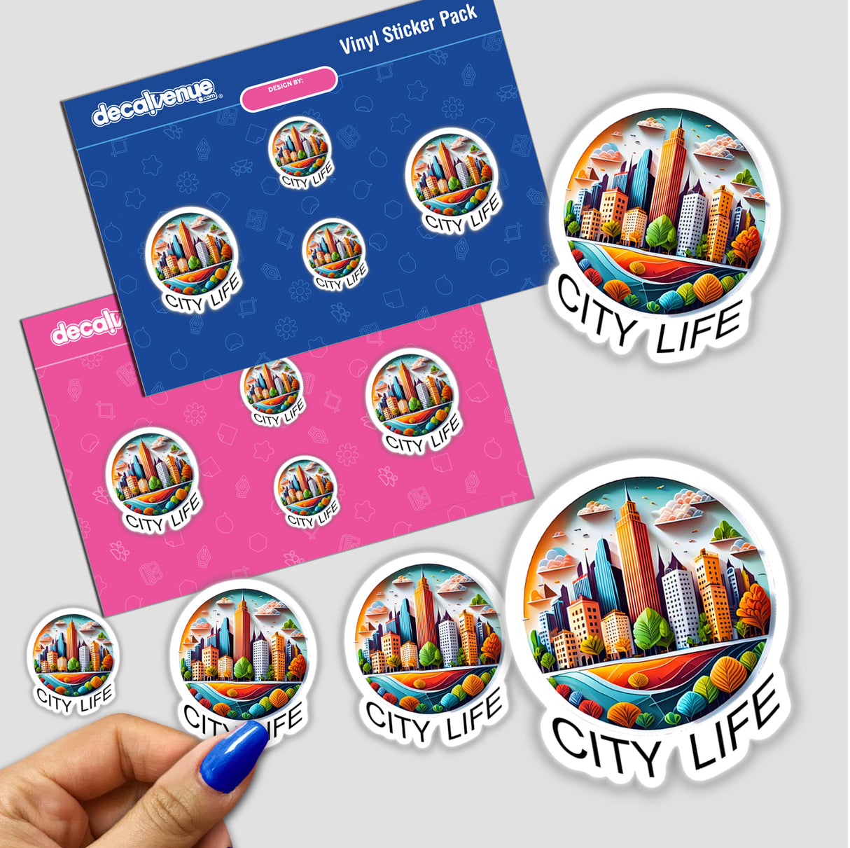 Vibrant digital artwork depicting the dynamic city life, including skyscrapers, cityscapes, and colorful urban elements, presented as a sticker pack for creative expression.