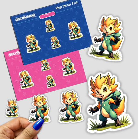 Furry Fighter - Spike Fury The Hedgehog sticker featuring a cartoon hedgehog with yellow hair and a green jacket, surrounded by various vibrant cartoon animal characters.