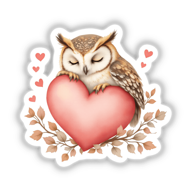 Sleeping Owl on a Heart: A whimsical cartoon owl gently holding a heart, perfect as a vinyl sticker or digital art, embodying tranquility and charm. Ideal for personalizing items or art collections.