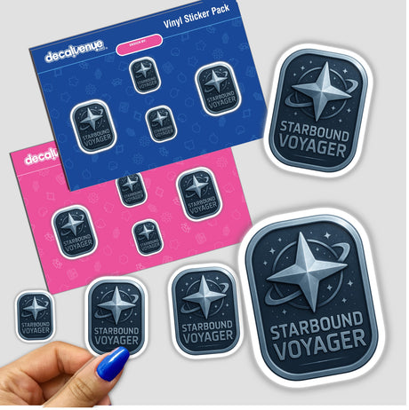 Starbound Voyager – RPG-Style Skill Badge (Silver Cosmic Badge), depicting intricate celestial symbols, available as a sticker or digital artwork, reflecting Decal Venue's unique design ethos.